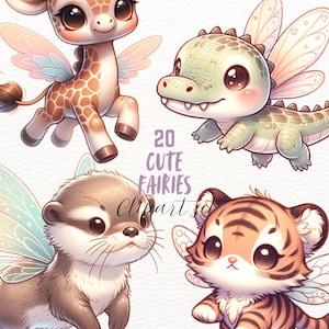 cute animal fairies clipart set, cute flying fairy animals stickers, kawaii png transparent, instant download, nursery art, kids pod graphic