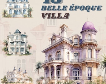 May include: A watercolor painting of four Belle Époque villas. The villas are painted in shades of pink, white, and gray. The painting is set against a light beige background. The text "15 Belle Époque Villa" is written in large, bold letters at the top of the painting.