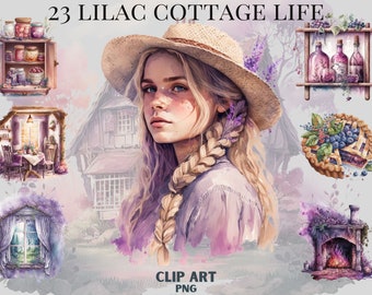 Watercolour Lavender Cottagecore Clipart Bundle , Cottage living, farm life, countryside, chickens, rustic living, simple, purple