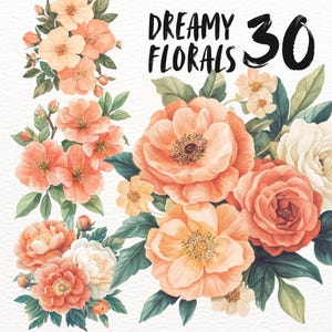 May include: A collection of 30 watercolor illustrations of peach and white flowers with green leaves. The text "DREAMY FLORALS" is written in black at the top of the image.