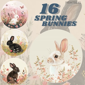 Lot d'autocollants numériques ronds vintage aquarelle Spring Bunny, clipart de Pâques, journalisation, png de printemps, commercial, paysage de printemps
