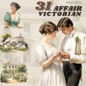 Lot de cliparts romantiques vintage aquarelle, clipart Régence, Orgueils et préjugés, autocollants numériques, Jane Austen, png victorien, scrapbooking