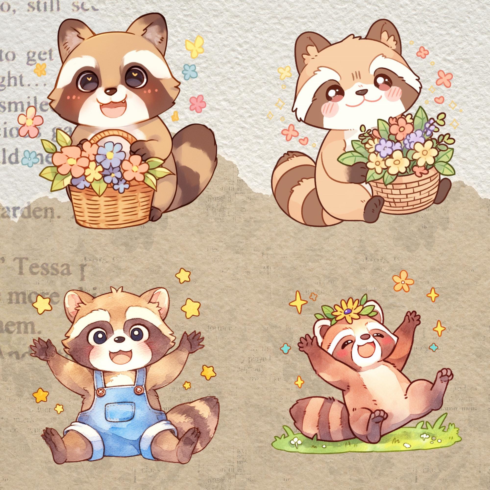 Cute Kawaii Racoons Digital Stickers, Baby Racoon Png, Fox Png ...