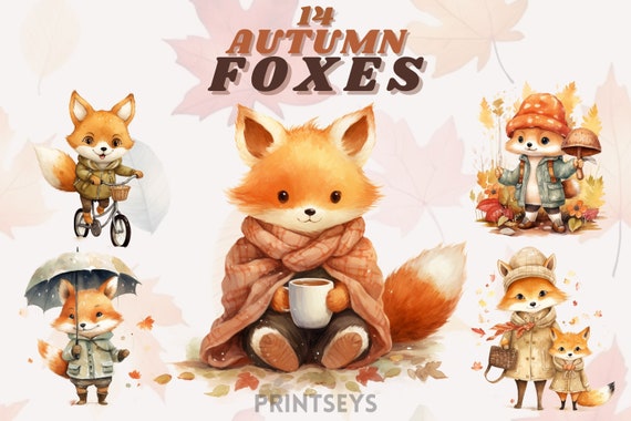 Cute Watercolour Autumn foxes clipart bundle, cozy fall, autumn animals, autumn leaves, rain clipart, mushroom clipart