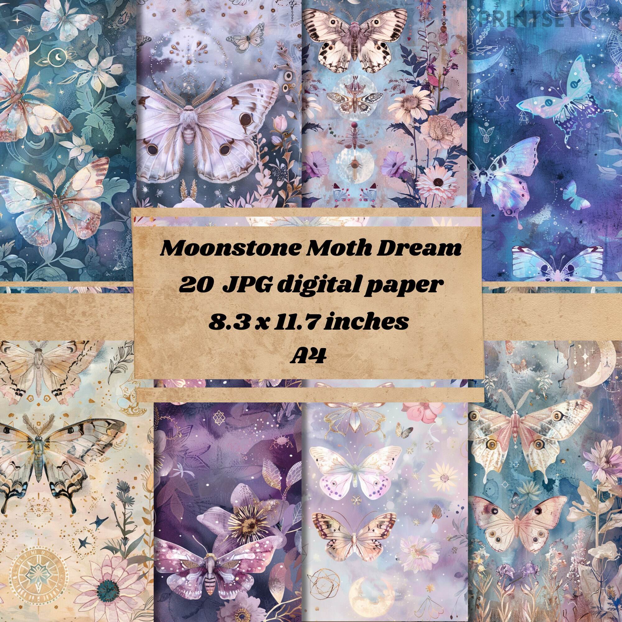 Distressed Moonstone Moth Dream Digital Paper, Vintage Mystical Texture ...