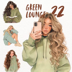 Conjunto de clipart de moletom verde aconchegante e relaxado para meninas, adesivos PNG de moda aconchegante, download digital de conjunto Relax Lounge, gráficos estéticos femininos