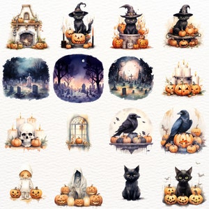 Puede incluir: Una colecci&oacute;n de ilustraciones de acuarela con temas de Halloween, que incluyen gatos negros, calabazas, cuervos y casas embrujadas. Las ilustraciones est&aacute;n pintadas en un estilo caprichoso con una paleta de colores suave y tenue.