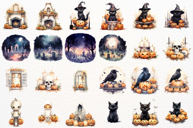 Puede incluir: Una colecci&oacute;n de ilustraciones de acuarela con temas de Halloween, que incluyen gatos negros, calabazas, cuervos y casas embrujadas. Las ilustraciones est&aacute;n pintadas en un estilo caprichoso con una paleta de colores suave y tenue.