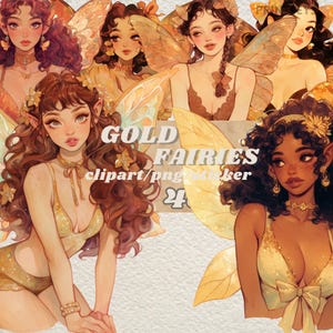 Digital Gold flirty fairy journaling sticker, vrouwelijke fantasie pixy clipart, sprookjesachtige scrapbooking kit, girly magische printset, transparant