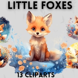Joli bébé renard aquarelle Clipart Bundle, renard céleste, clipart floral d'été, mignon bébé clipart animal, animaux de la forêt, art de la chambre d'enfant