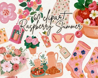 Pink Peach Summer Cottage Clipart Bundle, Modern Floral PNG, Goodnotes Stickers, Scrapbooking, Digital Planner and Journal Decor