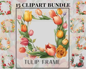May include: A set of 15 digital clipart images featuring tulip flower frames in various colors, including pink, yellow, orange, and red. The frames are perfect for adding a touch of spring to your designs.