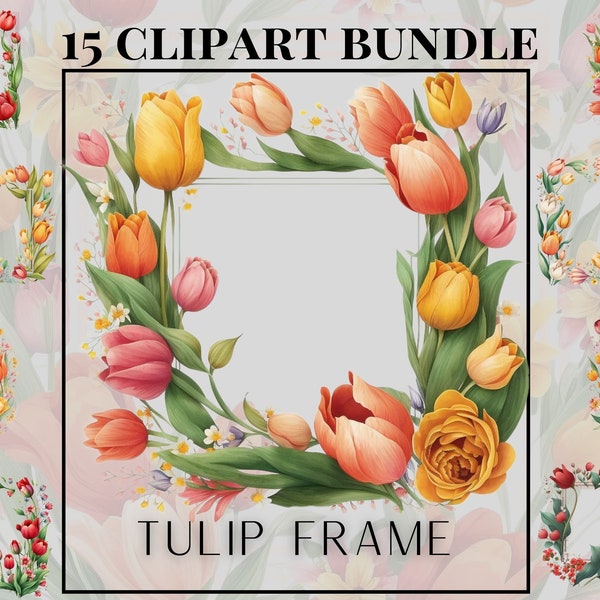 Watercolour Tulip Flower frames Clipart bundle, spring flower frames, floral frames, spring flower clipart, mix colour clipart