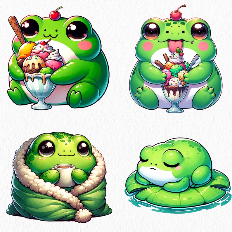 May include: Four illustrations of green frogs with different expressions and activities. One frog is holding a sundae, another is holding a cup of coffee, another is sleeping on a lily pad, and the last one is wearing a green robe.