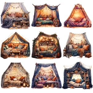 Puede incluir: Nueve ilustraciones de acuarela de acogedores rincones de lectura con camas, almohadas, mantas y luces de hadas. Cada rinc&oacute;n tiene un dise&ntilde;o &uacute;nico, que incluye un tipi, una cama con dosel y una estanter&iacute;a.