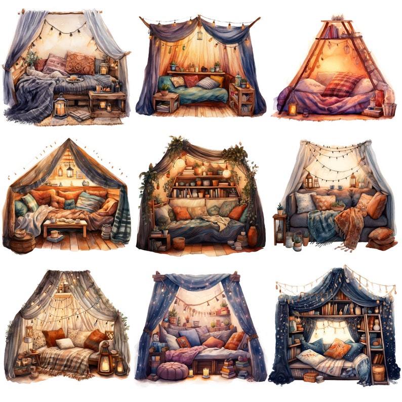 Puede incluir: Nueve ilustraciones de acuarela de acogedores rincones de lectura con camas, almohadas, mantas y luces de hadas. Cada rinc&oacute;n tiene un dise&ntilde;o &uacute;nico, que incluye un tipi, una cama con dosel y una estanter&iacute;a.