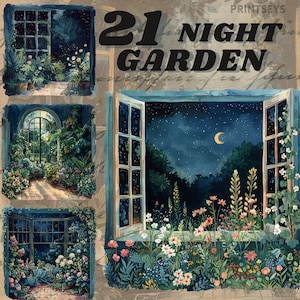 Pegatina digital Fantasy Night Garden, imágenes prediseñadas de jardín místico, scrapbooking, diario floral, png de fantasía, uso comercial, transparente