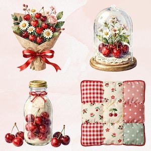 Coquette Cottagecore Cherry Clipart bundle set goodnote stickers transparent png journaling scrapbooking graphic, dark cherry, berry graphic image 6