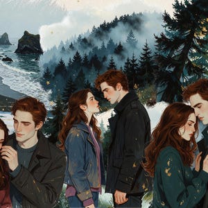 Puede incluir: Una ilustración que muestra tres parejas formadas por un hombre de pelo oscuro y una mujer de pelo largo castaño en varias poses íntimas. El fondo representa un bosque de coníferas brumoso y una costa rocosa con olas bajo un cielo nublado.
