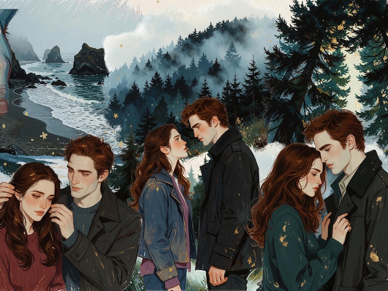 May include: An illustration featuring three pairs of a man with dark hair and a woman with long brown hair in various intimate poses. The background depicts a misty evergreen forest and a rocky coastline with crashing waves under a cloudy sky.