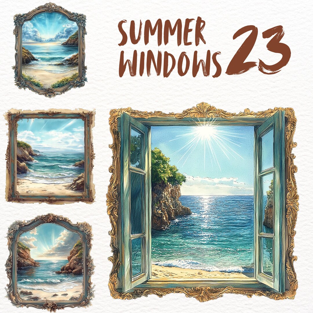 Sea Beach View Window Sticker Set , Summer Cottage Clipart Bundle ...