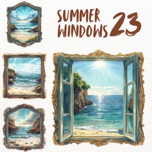 May include: Three framed illustrations of seascapes with blue water, sandy beaches, and rocky cliffs. The frames are ornate and gold-colored. The text "SUMMER WINDOWS 23" is written in brown letters above the frames.