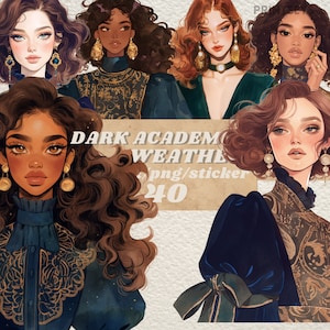 Aquarell Dark Academia Mode-Aufkleber-Set, png, weiche Mädchen Academia Aufkleber-Set, Mystery, Fantasy, Herbst Winter Vibes