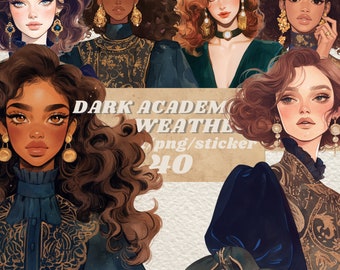 Aquarel Dark Academia fashion sticker bundel, png, soft girl academia sticker set, mysterie, fantasy clipart set, herfst winter vibes