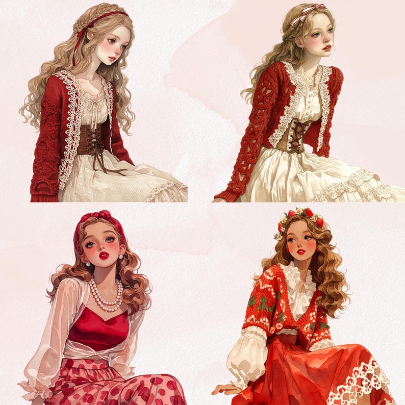 May include: Four illustrations of women in romantic, vintage-inspired outfits. Each woman wears a red sweater or cardigan, paired with white dresses and accessories. The artwork has a soft, watercolor style with a focus on fashion.