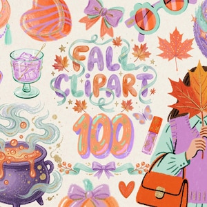 May include: A digital illustration set titled FALL CLIPART 100 featuring various icons including a purple cauldron with orange bubbles, a glass of iced liquid, a person holding a large maple leaf, a pumpkin, bows, sunglasses, and a crescent moon.