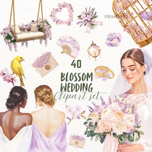 Conjunto de imágenes prediseñadas de acuarela de boda con flores suaves, pegatinas digitales de ensueño, PNG de estética vintage, descarga instantánea de gráficos de planificador comercial