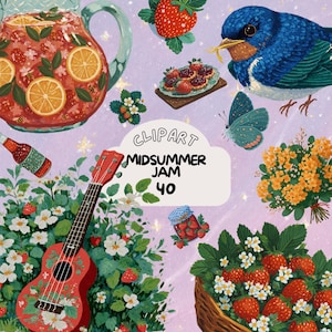May include: A colourful illustration with a red ukulele, a jug with orange slices, strawberries, a blue bird, and a butterfly. The text "Midsummer Jam 40" is included. The image evokes a summer picnic theme.