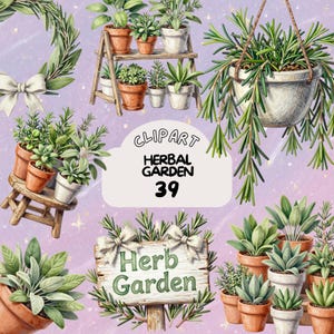 May include: Watercolor illustration of a herbal garden with various potted herbs, including rosemary and sage. The image features a hanging basket, a wooden sign that says "Herb Garden", and a decorative wreath. The text "Clipart Herbal Garden 39" is also included.