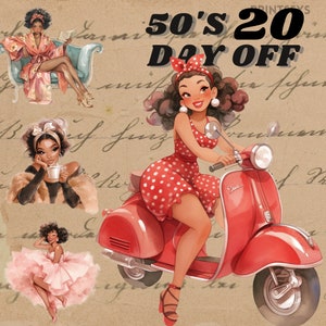 50's day off damen digitale Aufkleber, feminines vintage journaling, romantisches png, wunderlicher Aufkleber, transparent, scrapbooking, literarisch