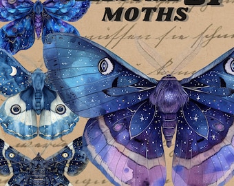 Watercolour Whimsical Celestial Moth clipart bundle, Wiccan png, moth png, mystical clipart, witchcraft png clipart, pagan, digital sticker