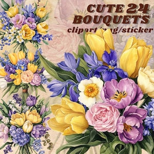 Bouquet de fleurs délicates aquarelle, lot de cliparts, bouquet de décoration de mariage, transparent, téléchargement immédiat, autocollants numériques floraux, journal