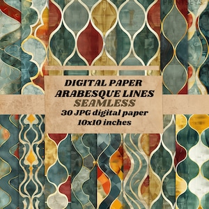 Puede incluir: Un conjunto de 30 papeles digitales con un patrón sin costuras de líneas arabescas azules, rojas, doradas y blancas. Cada papel mide 25,4 x 25,4 cm.