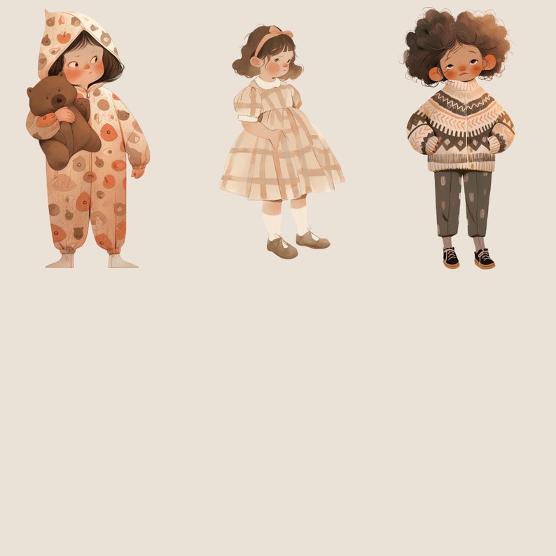 May include: Three illustrations of young girls wearing different outfits. The girl on the left is wearing a hooded jumpsuit with a brown teddy bear. The girl in the middle is wearing a plaid dress with a bow in her hair. The girl on the right is wearing a brown sweater with a white pattern and brown pants.