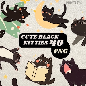 Adesivi digitali kawaii gattino nero, png di Natale, png di gatto, clipart carino gatto, clipart carino, bundle clipart gattino grasso carino, commerciale