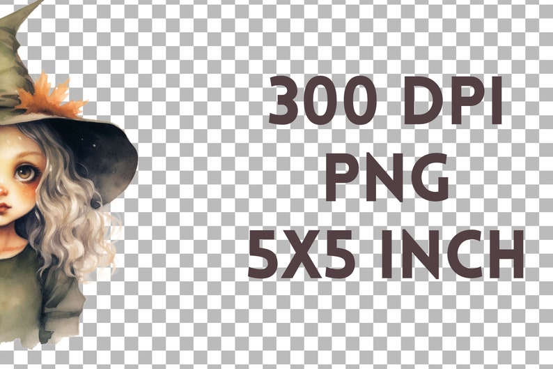 Puede incluir: Una ilustraci&oacute;n digital de una ni&ntilde;a joven con cabello largo, rizado y blanco que lleva un sombrero de bruja verde con hojas marrones. El fondo es un patr&oacute;n de tablero de ajedrez transparente. El texto "300 DPI PNG 5X5 INCH" est&aacute; en la esquina inferior derecha de la imagen.