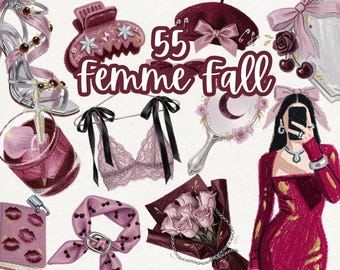 Vampire Girlfriend Clipart Bundle, Coquette Fall PNG, Vampy It Girl Digital Stickers, Femme Fatale Halloween Scrapbook Art