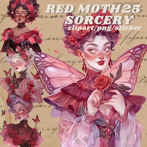 Whimsical maroon red moth fairy digital sticker, vintage floral png, goddess , transparent,instant download, occult,nature wicca clipart