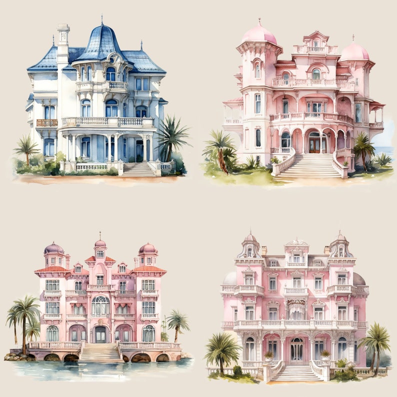 May include: Four watercolor paintings of large, ornate houses. The first house is white with blue trim and a blue roof. The second and third houses are pink with white trim and white roofs. The fourth house is pink with white trim and a white roof. All of the houses have large windows and balconies. The houses are surrounded by lush green trees and bushes.