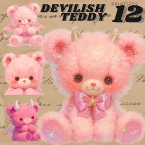 Linda pegatina digital de oso de peluche diabólico rosa, paquete de imágenes prediseñadas de diablo lindo vintage, transparente, descarga instantánea, imágenes prediseñadas de oso rosa kawaii,
