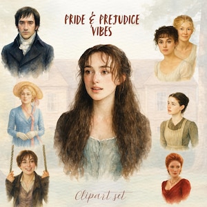 Bundle de cliparts Regency vibes, ensemble png sur le thème de la fierté et des préjugés, autocollants numériques goodnotes, images transparentes, fichiers régence vintage