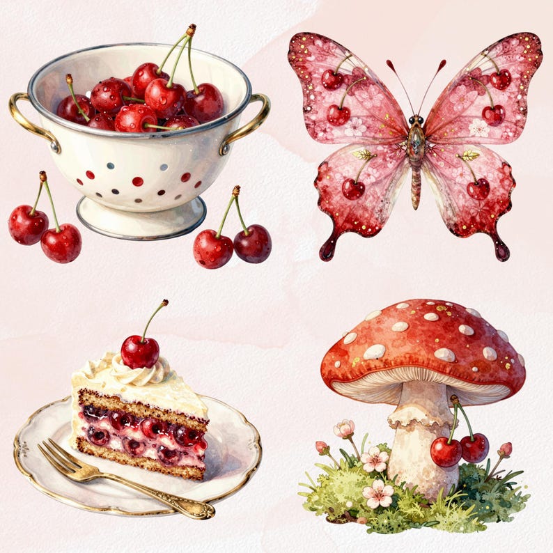 May include: Watercolor illustration featuring a white colander filled with red cherries, a pink butterfly with cherry details, a slice of cherry cake on a plate, and a red mushroom with white spots. The image has a soft, pastel color palette.