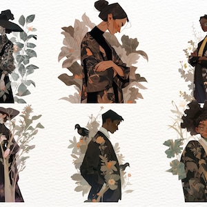 May include: Illustration of six figures in dark clothing with floral patterns, surrounded by botanical elements. The figures are in various poses, some wearing hats and glasses. The color palette includes black, brown, and touches of yellow and green.