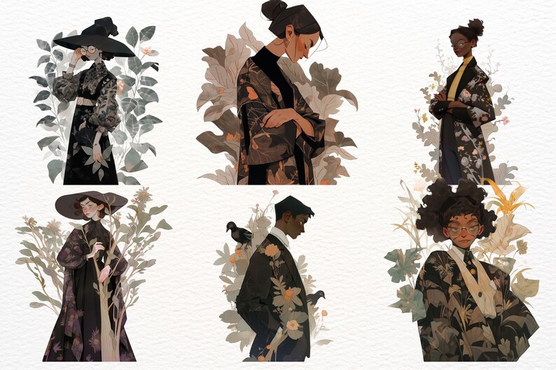 May include: Illustration of six figures in dark clothing with floral patterns, surrounded by botanical elements. The figures are in various poses, some wearing hats and glasses. The color palette includes black, brown, and touches of yellow and green.