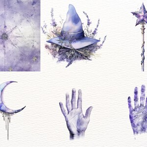 May include: A watercolor illustration set featuring a witch's hat with lavender flowers, a star-shaped wand, a crescent moon, and two hands with detailed lines. The illustrations are in shades of purple and blue.