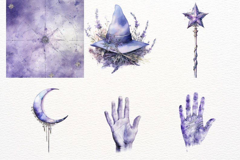May include: A watercolor illustration set featuring a witch's hat with lavender flowers, a star-shaped wand, a crescent moon, and two hands with detailed lines. The illustrations are in shades of purple and blue.